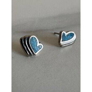 925 Sterling Silver Crushed Turquoise‎ Inlay Heart Stud Earrings Southwestern
